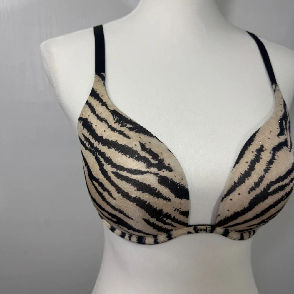 Victoria's Secret Push Up Bra 34D Beige Black Zebra Print Rhinestone‎ Detail